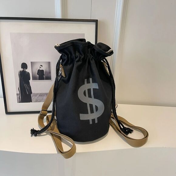 Bank Heist Money Bag Satchel Canvas Drawstring Backpack with Dollar Sign- Black - Picture 2 of 5